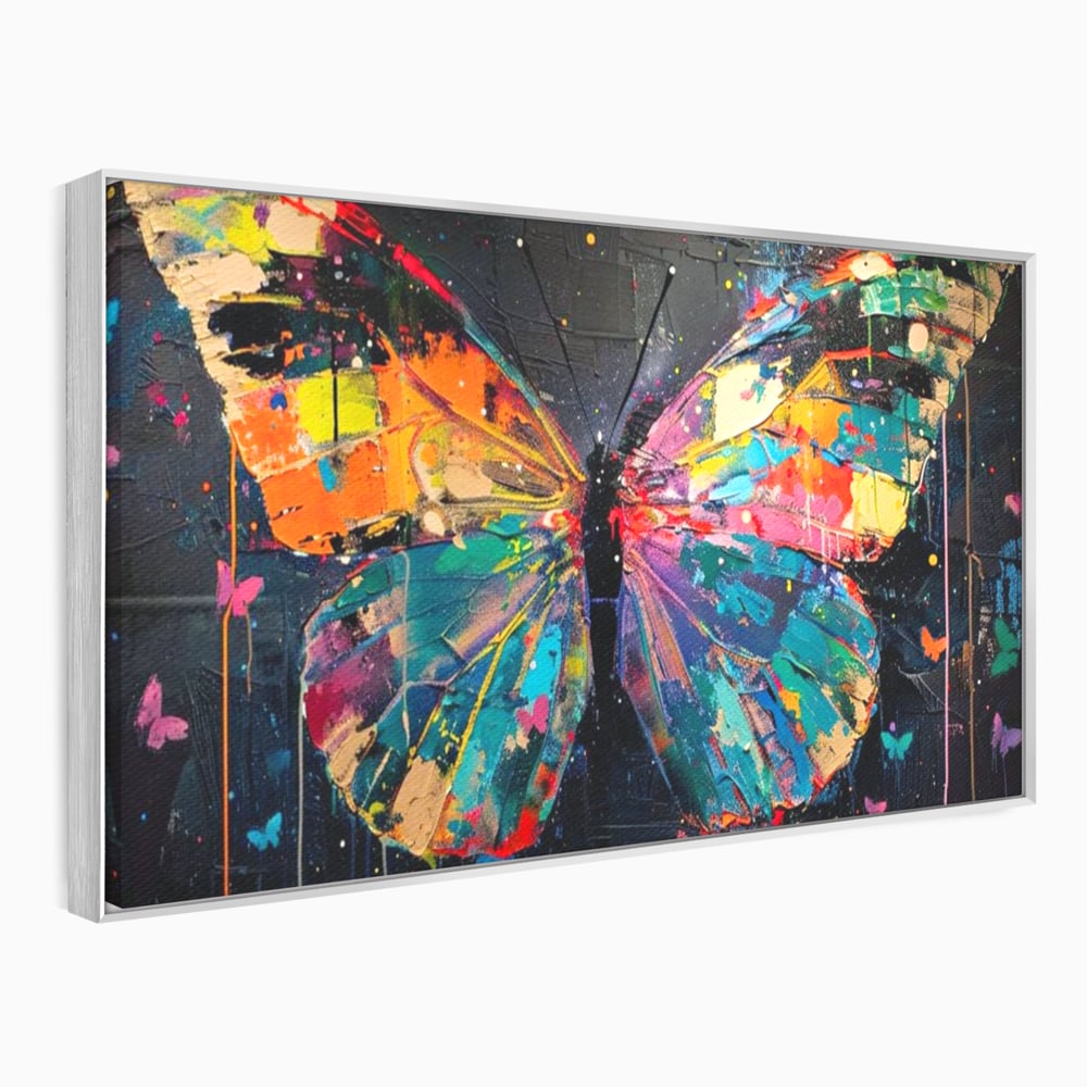 Tablou canvas cu tablou canvas cu fluture multicolor, in rama de aluminiu argintiu